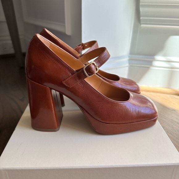 NIB Sezane Georgia Brown Patent Leather Mary Janes Platform Heels Pumps 37 - Picture 5 of 8